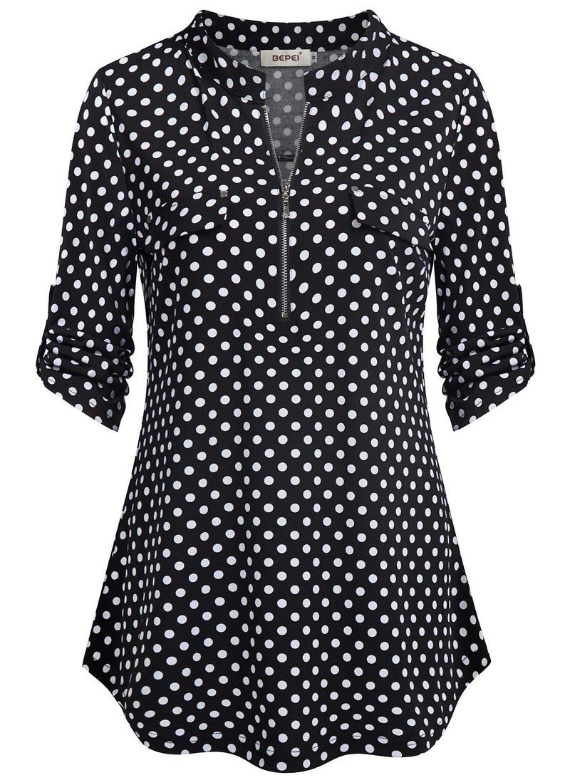 BEPEI Work Blouses for Women,Ladies Polka Dot Tops Winter Ruched Sleeve Empire Waist Sexy Office Tunic Petite Formal Professional Shirt Pocket Tops for Skinny Dress Pants,Black White L - Image 1